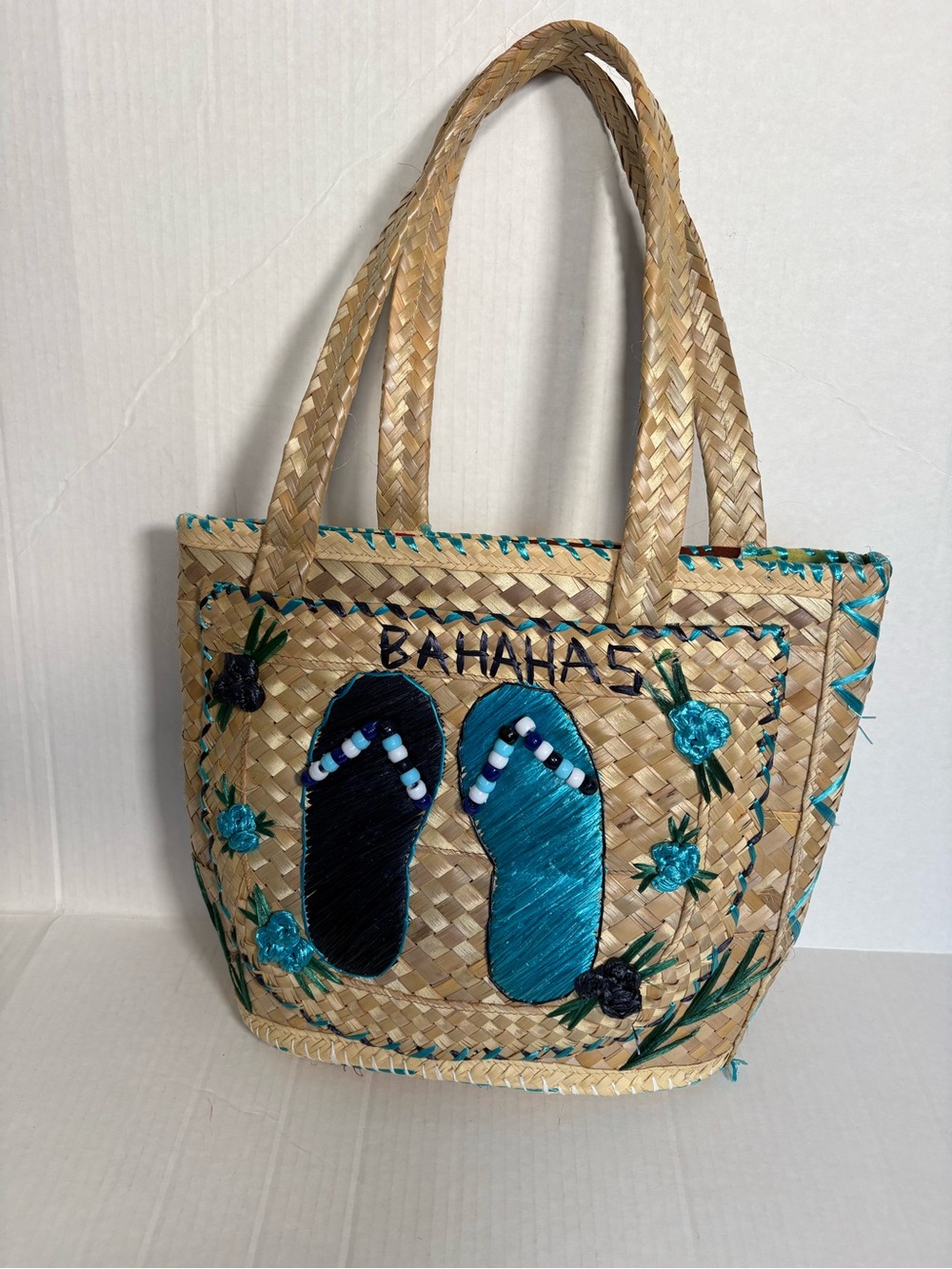 Vintage Bahama Wicker Blue Flip-Flop Embellished Souvenir Straw Tote